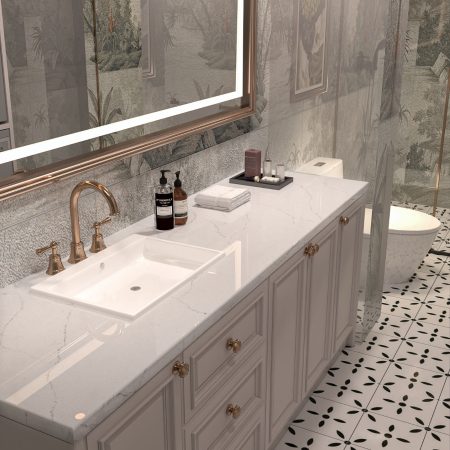 A nice bathroom vanity using the Presque Isle Quartz Slab